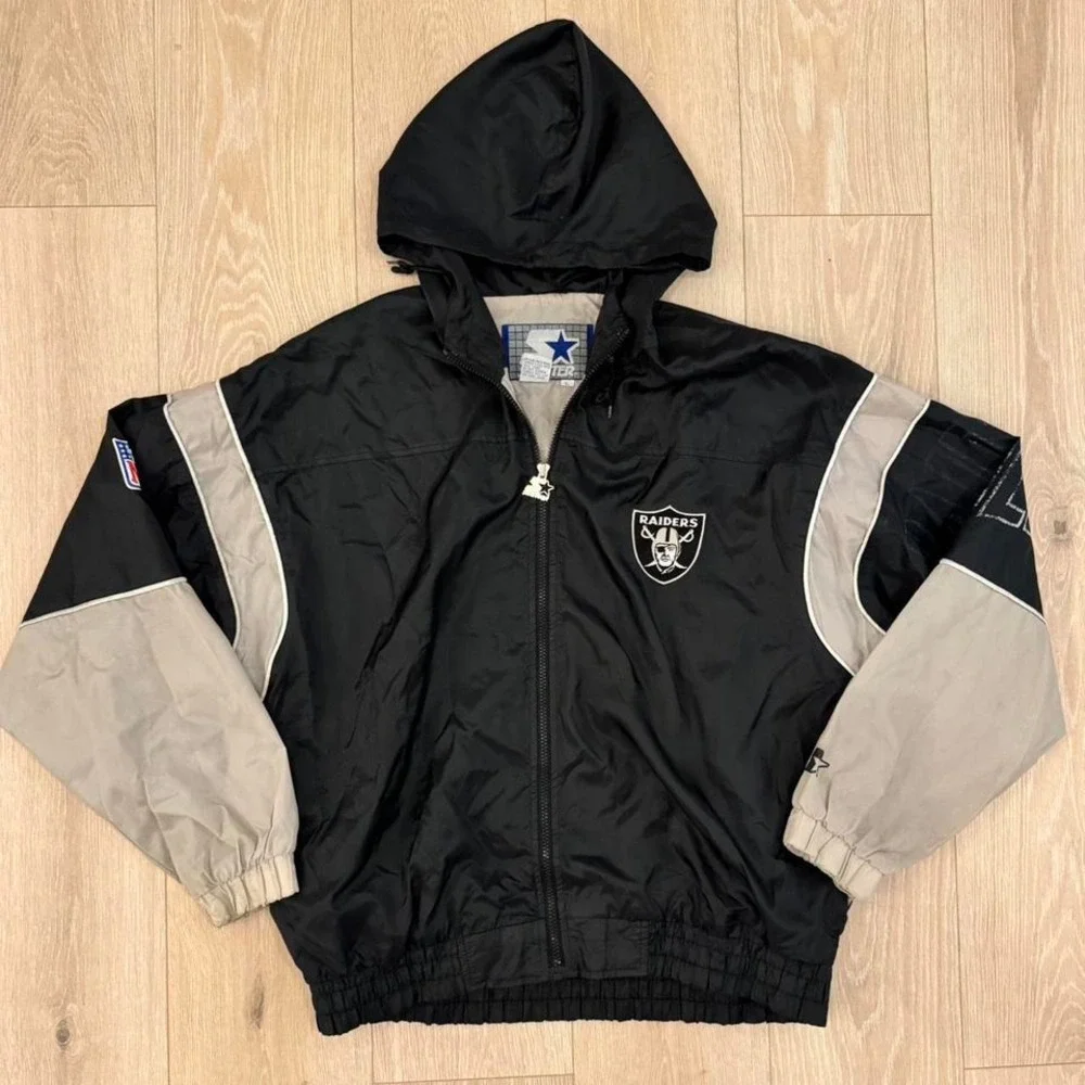 Vintage Starter Oakland Raiders Hooded Windbreaker Jacket Mens L 90s NFL Black